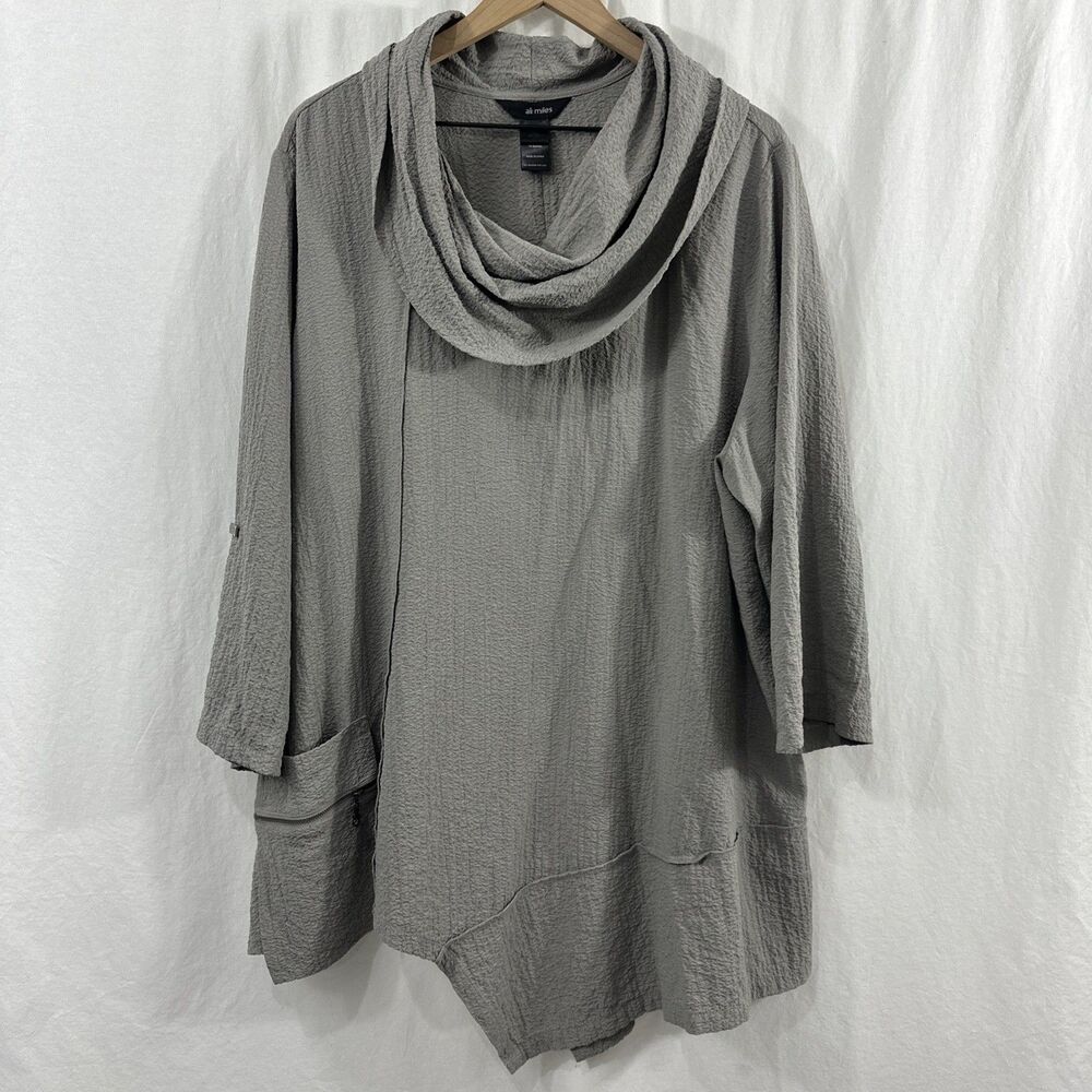 Ali Miles Taupe Cowl Neck Asymmetric Tunic Top Womens 2X Art to Wear Lagenlook